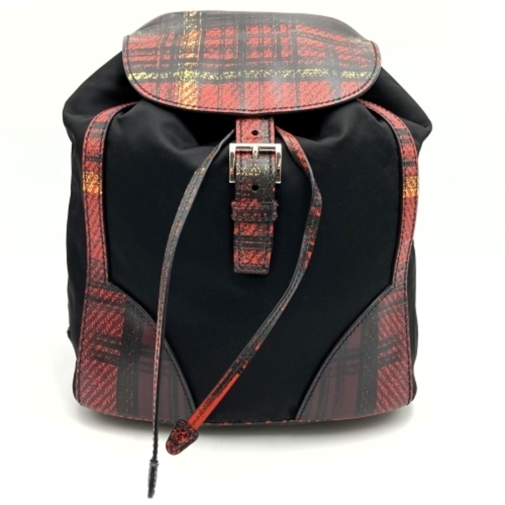 Prada Plaid Pattern Nylon Rucksack Daypack Black … - image 1
